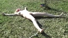 My blonde slut lying tied up on the lawn
