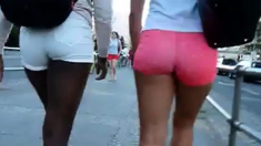 Black & White Girl Walking, Juicy Bums In Tight Pink Shorts